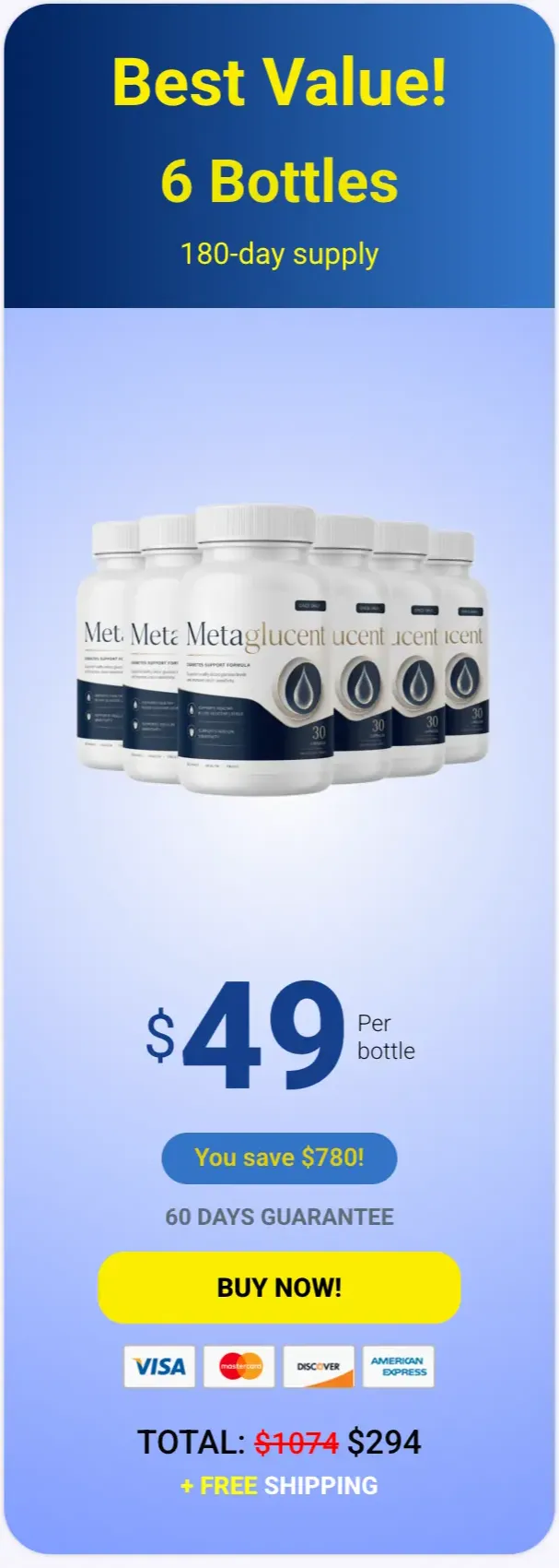 MetaGlucent 6-bottle Best Value pack — 180-day supply, biggest savings, free shipping