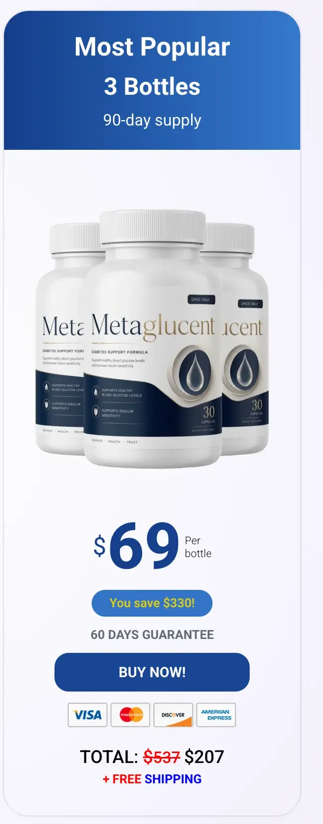 MetaGlucent 3-bottle Most Popular pack — 90-day supply with free US shipping